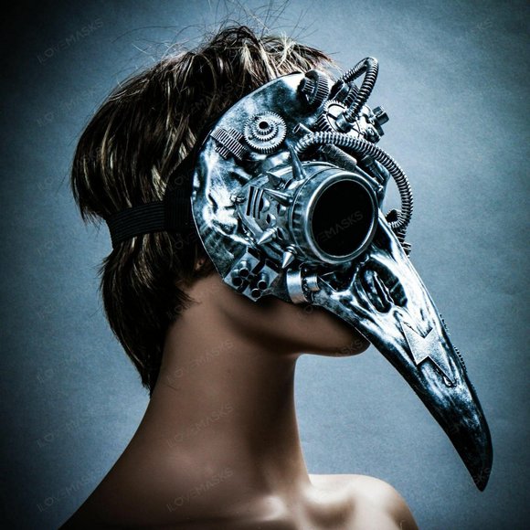 Silver Raven Skull Nose Steampunk Halloween Mask - Picture 3 of 10